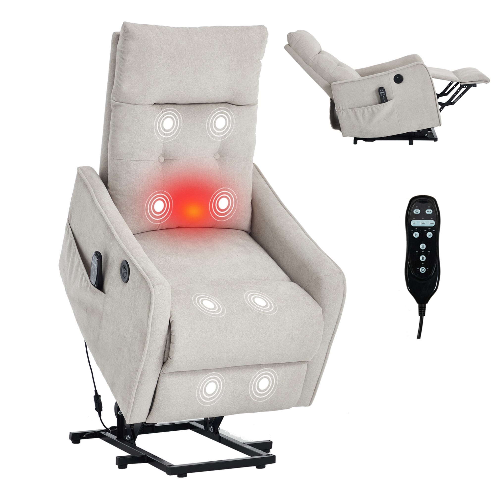 Aukfa Power Lift Recliner Chair with Massage and Heat for Elderly, Electric Chair with USB Port & Side Pocket for Living Room, Beige