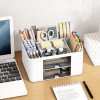 Organizador de escritorio multifuncional con 2 cajones y 5 compartimentos | Portalápices de plástico para material escolar | Azul, rosa o blanco