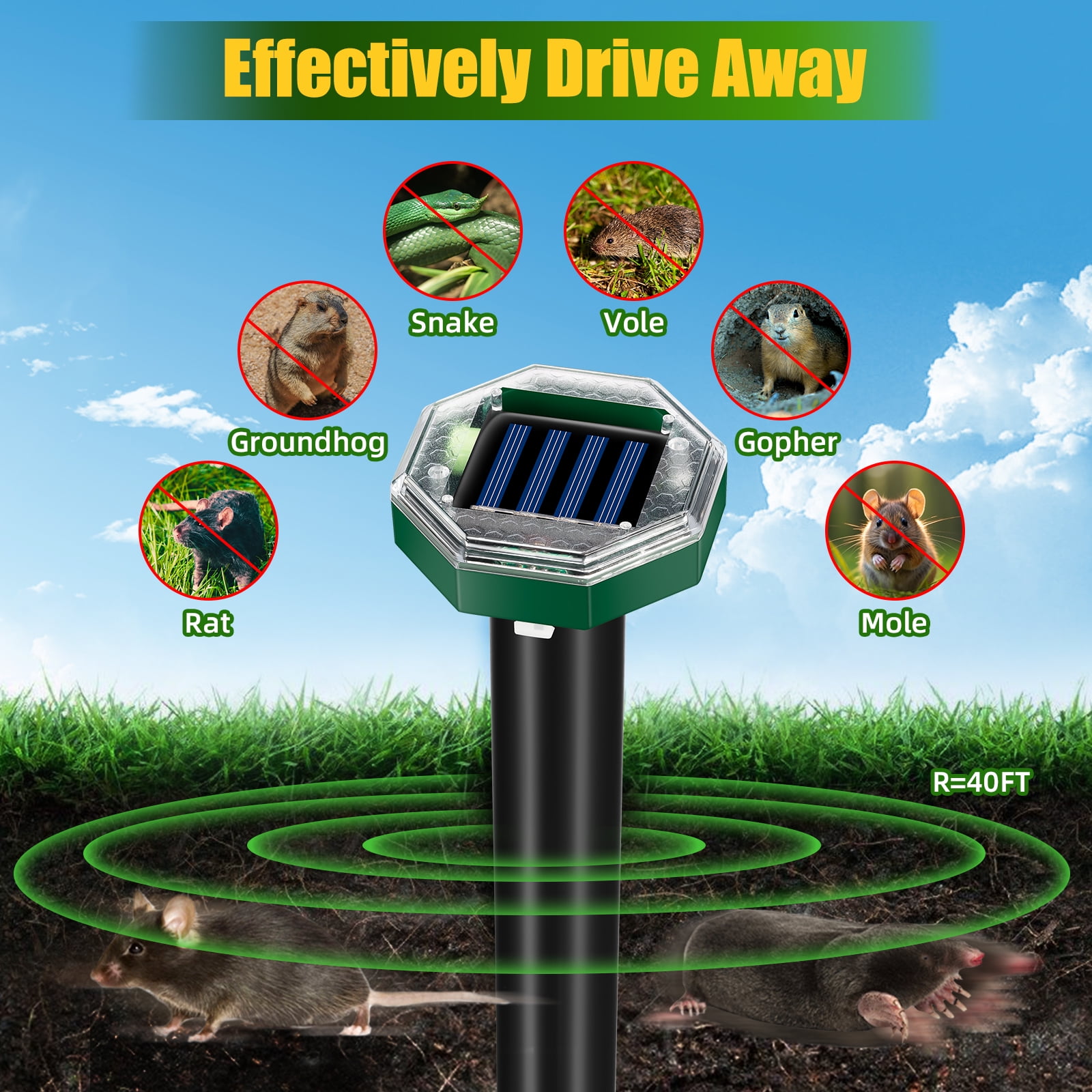 G·PEH Mole Repellent,8 Pack Solar Powered Outdoor,Gopher Repellent Ultrasonic Mole Repellent Stakes Waterproof Sonic Mole Spikes for Garden Yard Home Use,Get Rid of Moles Groundhog Snake Repellent