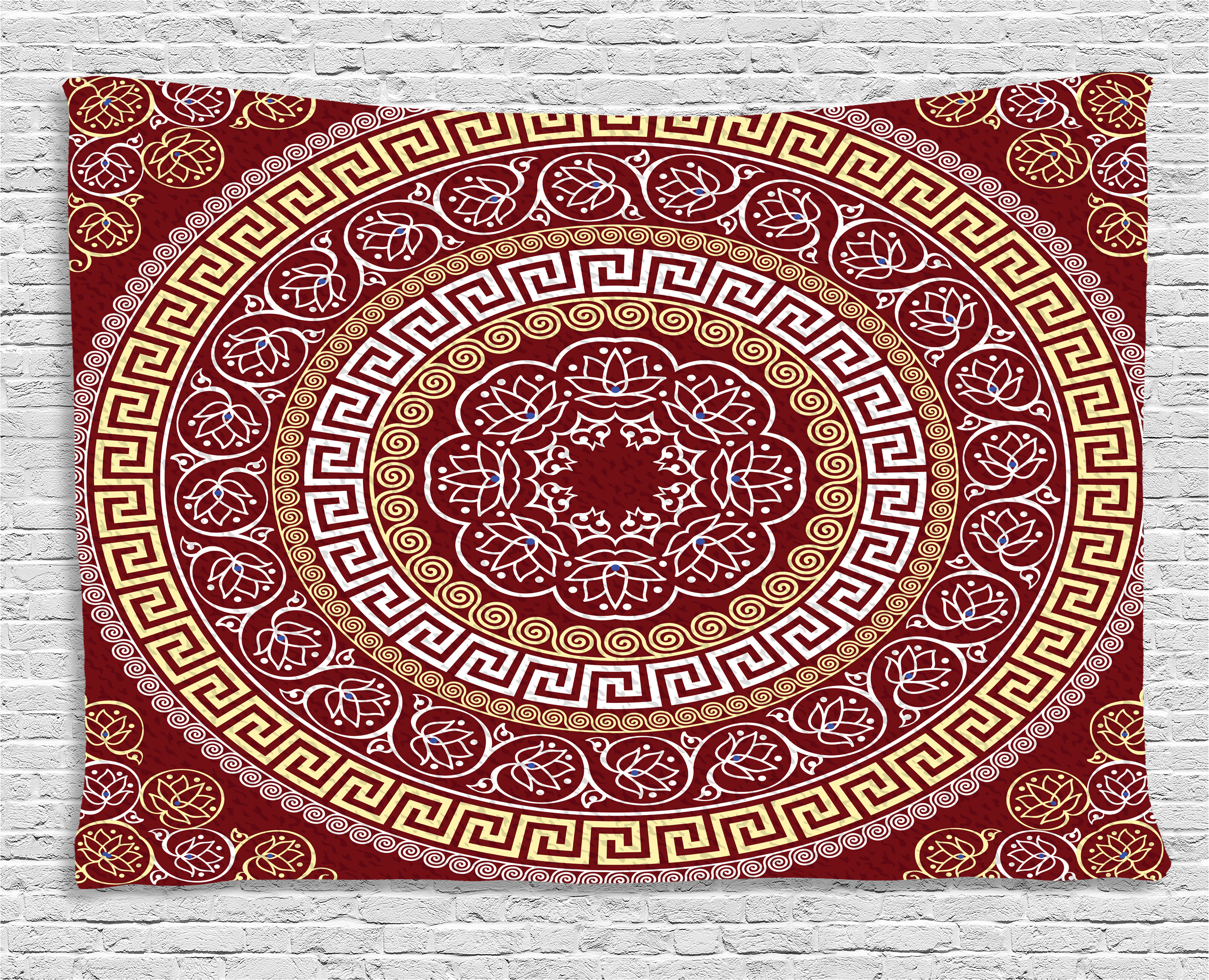 Greek Key Tapestry, Round and Square Ornament Meander with Floral