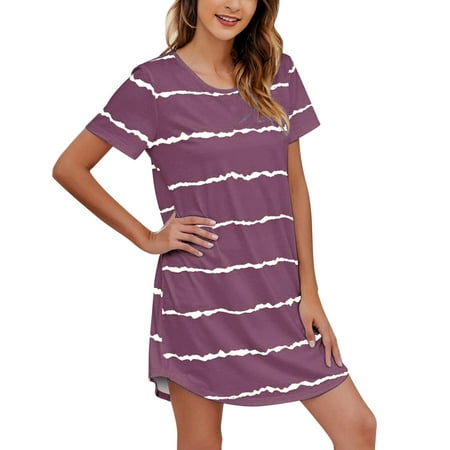 

Women Short Sleeve Striped Printing Sleepshirt Scoopneck Cute Nightdress Comfy Nightgown Dress