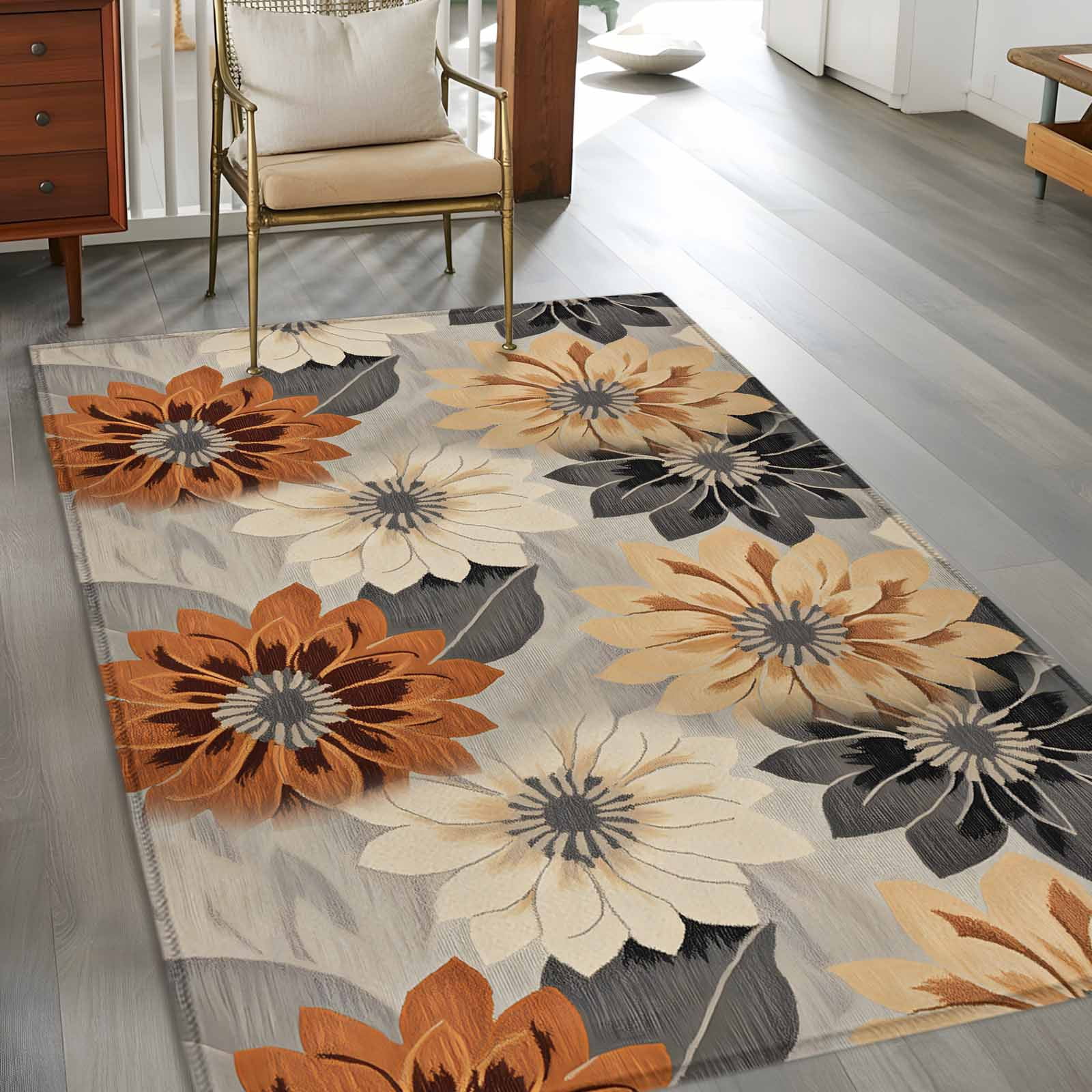 3'x5' Area Rugs, Burnt Orange Grey Black Flower Indoor Outdoor Area Rug for Living Room Bedroom, Spring Floral Botanical Washable Bathroom Rugs Kitchen Floor Carpet Mats Home Decor Aesthetic