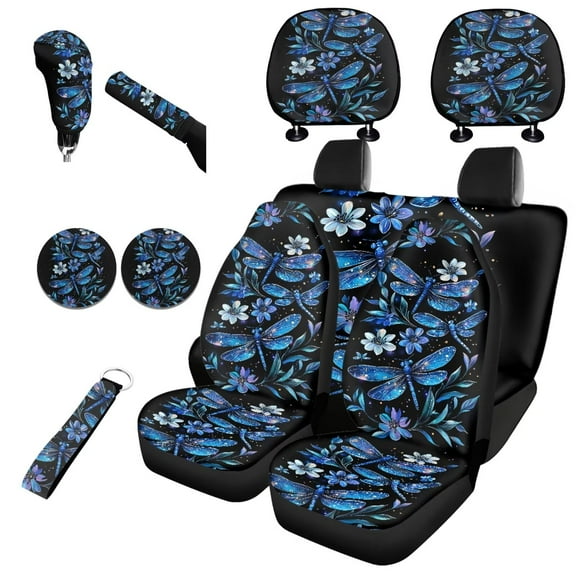 Garronmavis Blue Dragonfly Print 11 Pack Car Seat Covers Full Set Easy to Install and Clean with Cars Headrest Protectors Wristlet Keychain Auto Cup Coaster Handbrake Gear Shift Knob Cover