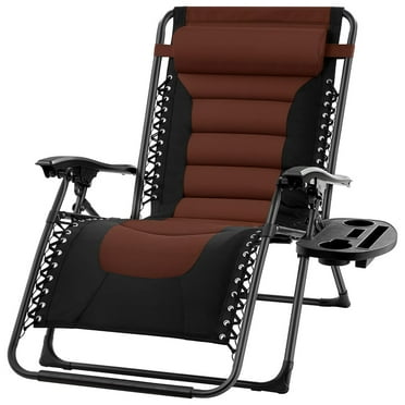Oversized Padded Reclining Lounge Chair, Zero Gravity Folding Outdoor Patio Recliner, for Backyard w/Headrest, Cup Holder, Side Tray, Polyester Mesh - Black/Brown