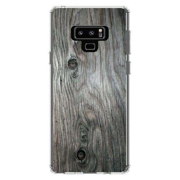 DistinctInk Clear Shockproof Hybrid Case for Samsung Galaxy Note 9 - TPU Bumper, Acrylic Back, Tempered Glass Screen Protector - Grey Weathered Wood Grain Print - Printed Wood Grain Image