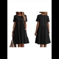 thumbnail image 3 of Vestido Camisero de y Algodón de Verano para Mujer, Informal, Holgado, con Cuello Redondo, Corta, Midi y Bolsillos Negro M, 3 of 7