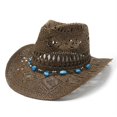 thumbnail image 2 of WEIYLL Women Sun Hat Summer Sun Protection Retro Western Cowboy Shapeable Straw Hollowed Out Visors Cap, 2 of 4