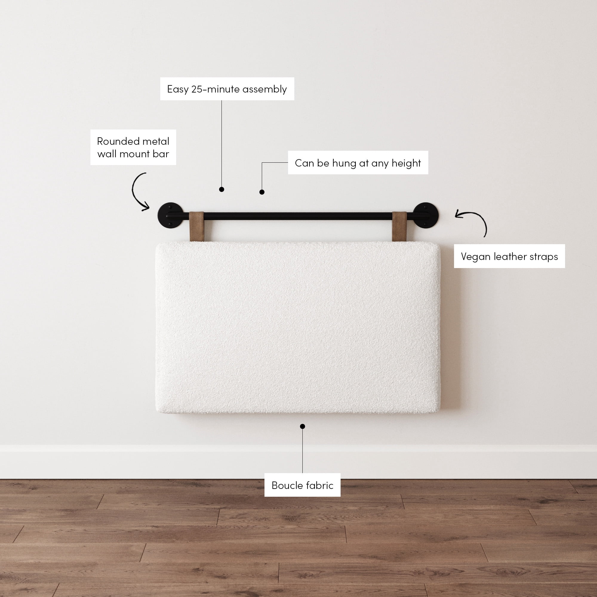 Nathan James Charlie Wall Mount Padded Headboard, Adjustable Height with Black Metal Rail for Twin Size Bed