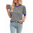 thumbnail image 2 of Womens Tops Casual Summer Crewneck Short Sleeve Striped Color Block Knit High Low Trendy Pullover Sweaters Black & Blue XXL, 2 of 9