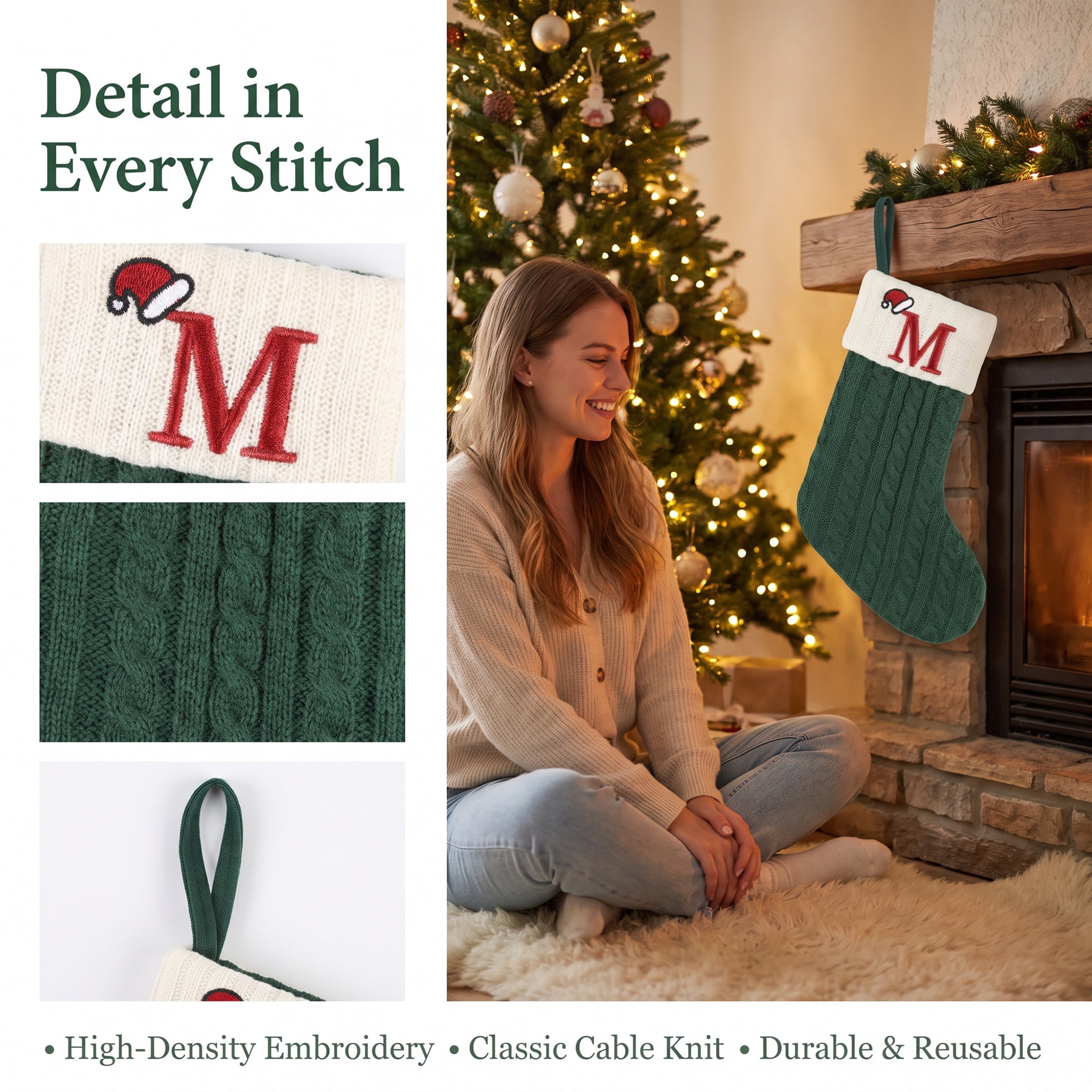 Unique Bargains Christmas Luxury Grand Hearth Accent Stocking Green Letter M 8"