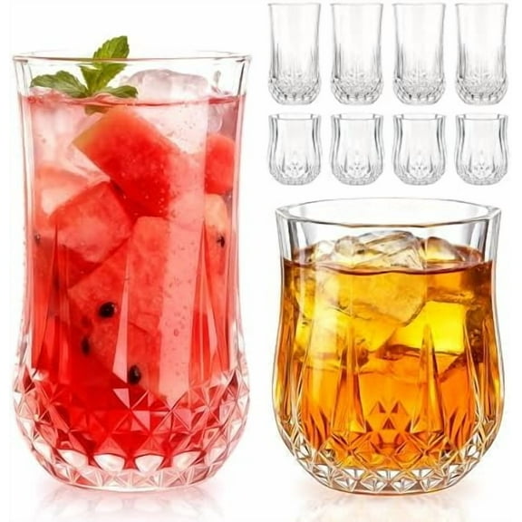 Drinking Glasses Set of 8,11 oz and 7 oz Kitchen Water Glass Cups Set,Clear Curvature Glassware Dishwasher Safe,Mixed Drinkware for Beer,Juice,Cocktail,Whiskey,Milk and Various Mixed Drinks