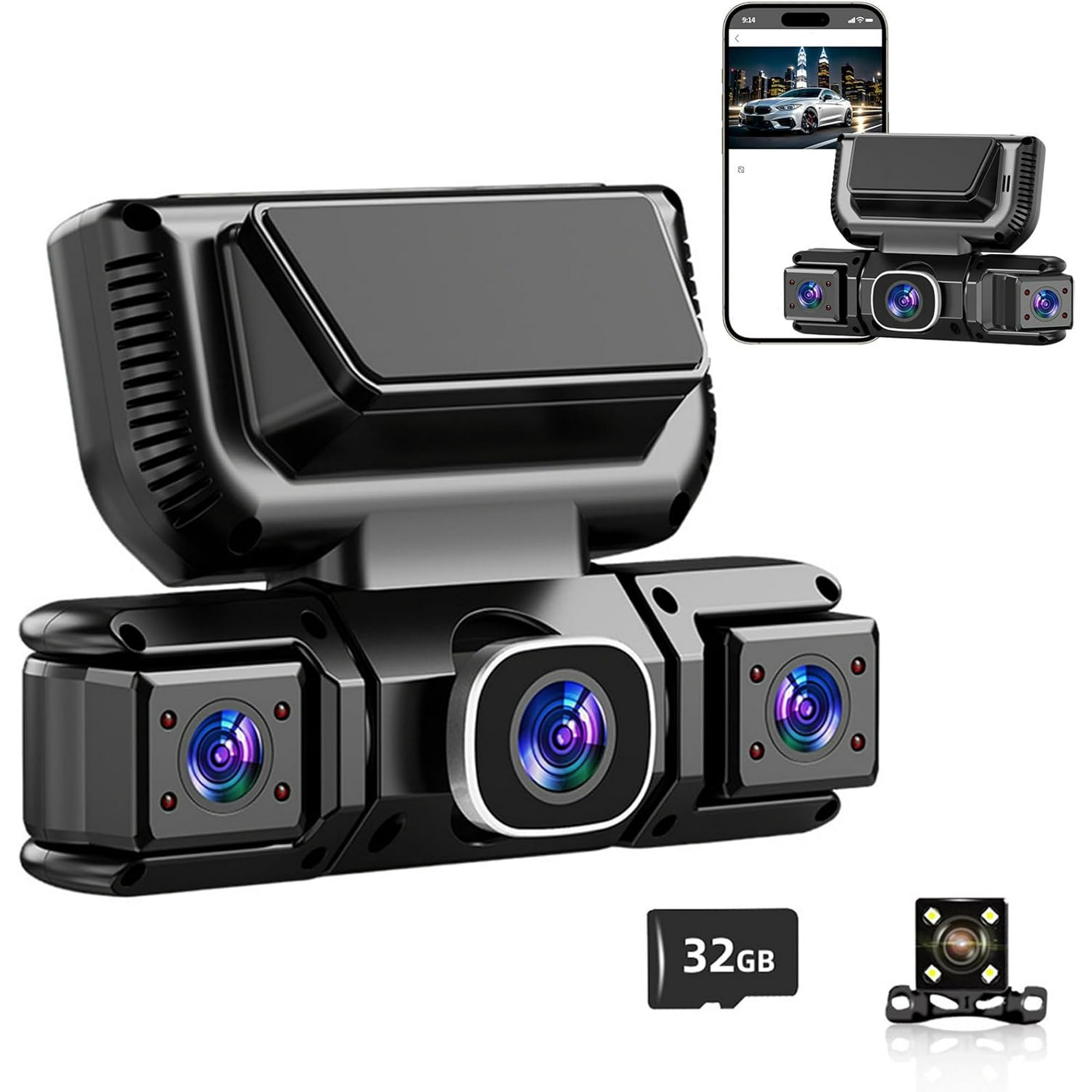360° Car WiFi 4 channels Dash Cam Video Recorder, 360 Camera for Car, Loop Recording, Night Vision, G-Sensor, Parking Mode, Included 32GB Card