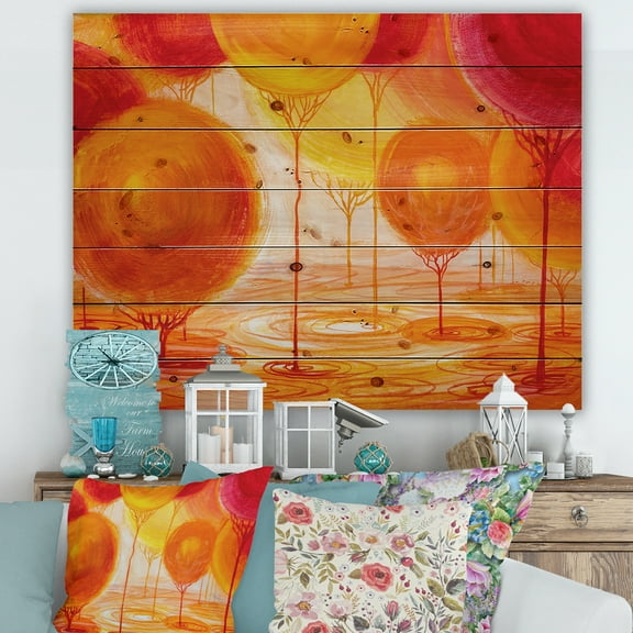 Designart 'Ornamental Colourful Trees II' Modern Print on Natural Pine Wood