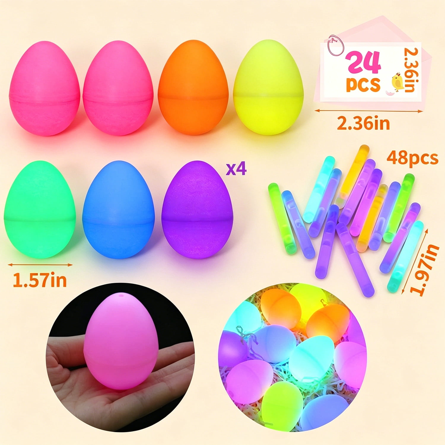 Glow in The Dark Easter Eggs, Fillable Plastic Eggs with Mini Glow Stickers for Hunt and Decorations