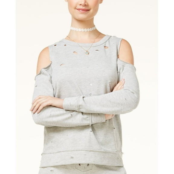 Almost Famous Juniors Ripped Cold Shoulder Sweatshirt Grey L