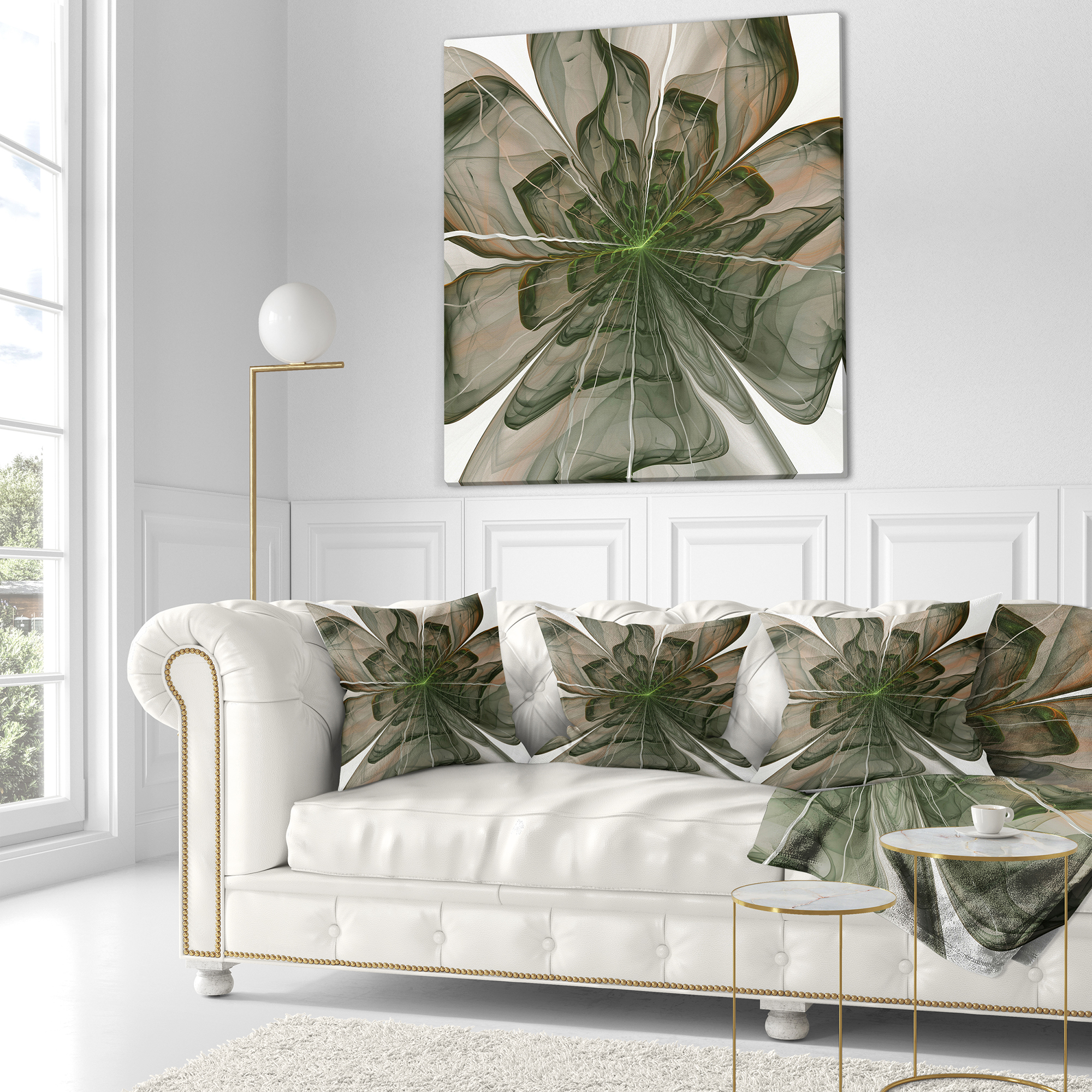 Designart 18" x 18" Contemporary and Modern Black Fractal and Flower Polyester Throw Pillow