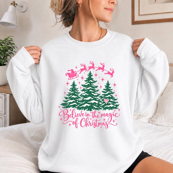 Jollimate Sweatshirt for Women, Believe in Christmas Magic Santa Reindeer Graphic, Holiday Gift