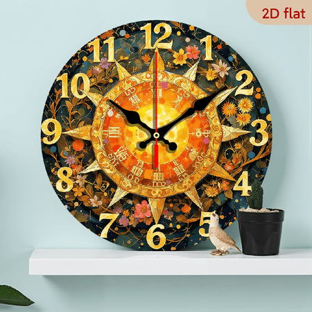 10 Inch Wooden Vintage Floral Sunburst Wall Clock with Roman Numerals Golden Accents Bohemian Style photo 10 Inch Wooden Vintage Floral Sunburst Wall Clock with Roman Numerals Golden Accents Bohemian Style