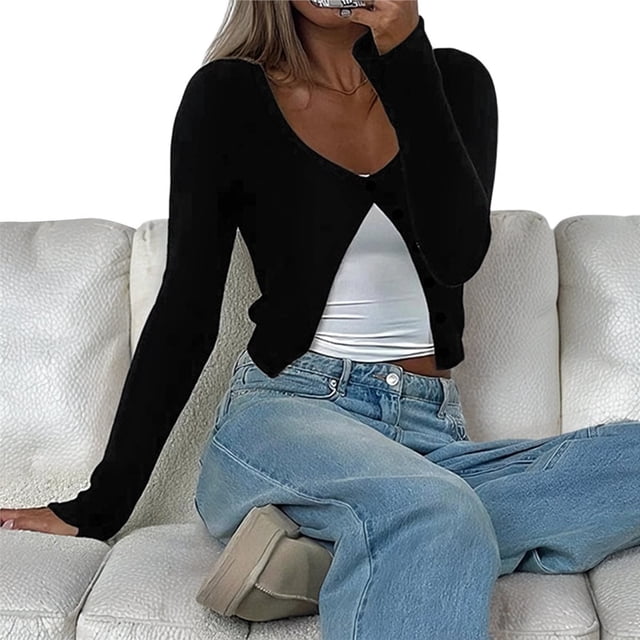 Cárdigan Corto de Punto Acanalado con Botones y Larga para Mujer, Estilo Y2K, Ajustado, con Cuello Redondo, Camiseta de Otoño Negro L