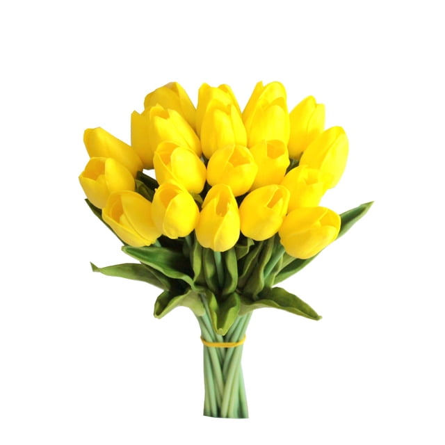 Tulipanes artificiales de piel sintética Mandy, color amarillo, 20 tallos