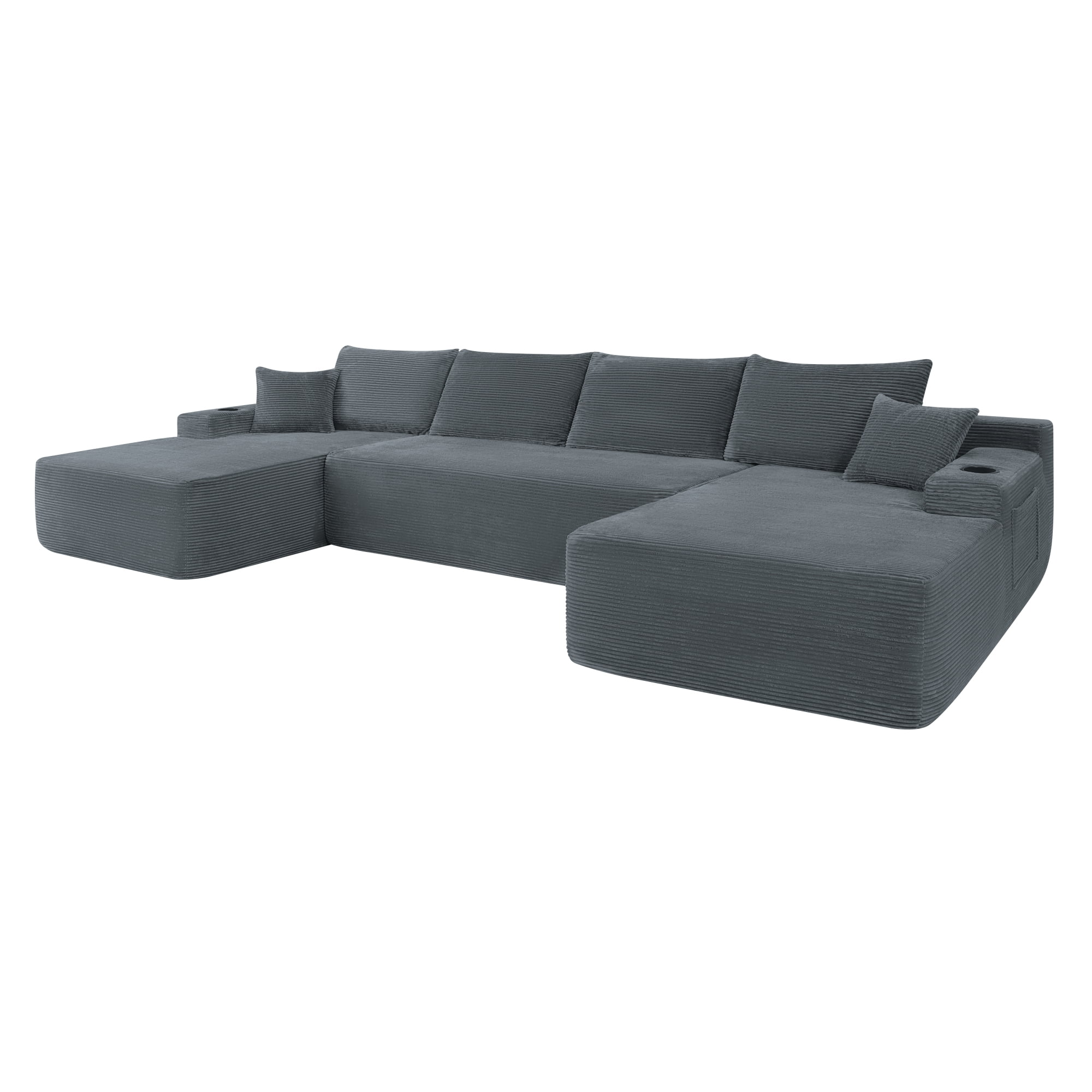 U-Shaped Sectional Sofa with Chaise and Cup Holders, 126'' Modular Sofa Couch with Side Pockets, Modern Upholstered Couch for Living Room, No Assembly Required