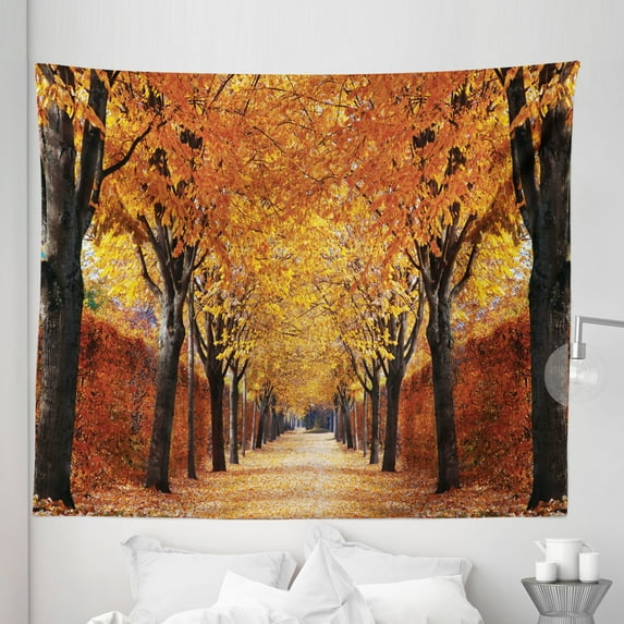 Autumn Tapestry, Pathway in the Woods Covered Dried Deciduous Tree Leaves Romantic Fall Season, Fabric Wall Hanging Decor for Bedroom Living Room Dorm, 5 Sizes, Orange Brown, by Ambesonne
