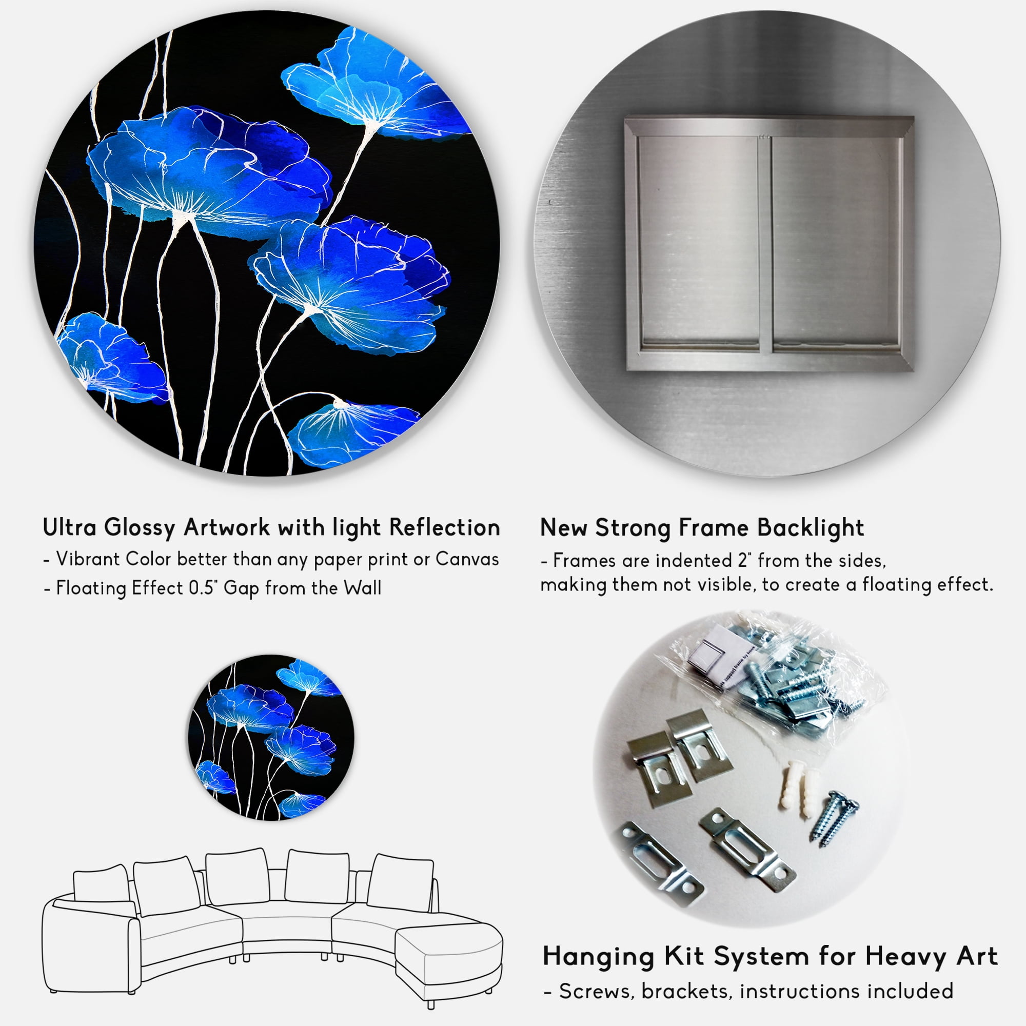 Designart 'Detail of Blue Flowers On Black Background II' Traditional Circle Metal Wall Art 11x11 - Disc of 11