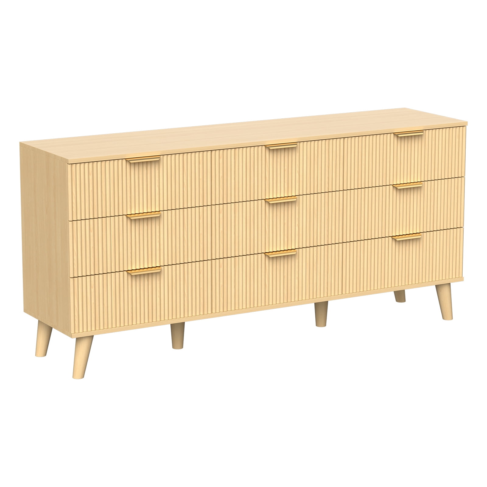 Hommoo 9 Drawer Dresser 63"W Storage Cabinet Credenza, Fluted Wooden Chest of Drawers for Home, Entrance, Natural