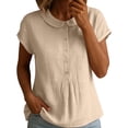 thumbnail image 2 of VBVC Women's Peter Pan Collar Short Sleeve Blouse, Ladies' Button Down Breathable Casual Top, Solid Color Loose Fit Work Shirt For Women,Beige,S-2XL, 2 of 7