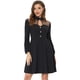 thumbnail image 1 of Vestido a media pierna con decoración de botones y cuello de punto con panel de malla para mujer Negro S, 1 of 5