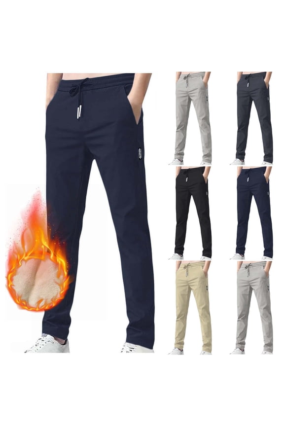 Mens Fleece Lined Pants Elastic Waist Straight Leg Drawstring Chino Trousers Baggy Stretch Lightweight Slacks Pant with Pocket