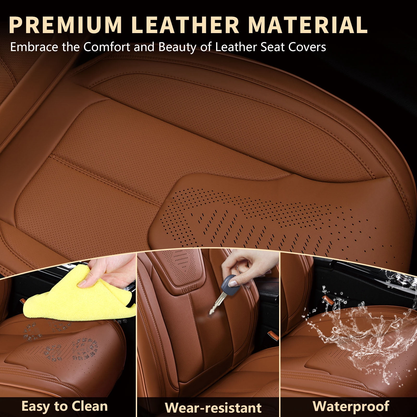 FLORICH Front Car Seat Covers, Luxury Faux Leather Seat Protectors, Automotive Seat Cushions Universal Fit for Most Cars Trucks SUV, Brown
