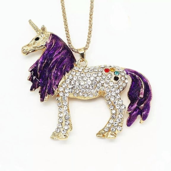 QQTDFG Fashion Women Jewelry Purple Enamel Crystal Unicorn Horse Pendant Chain Necklace-default