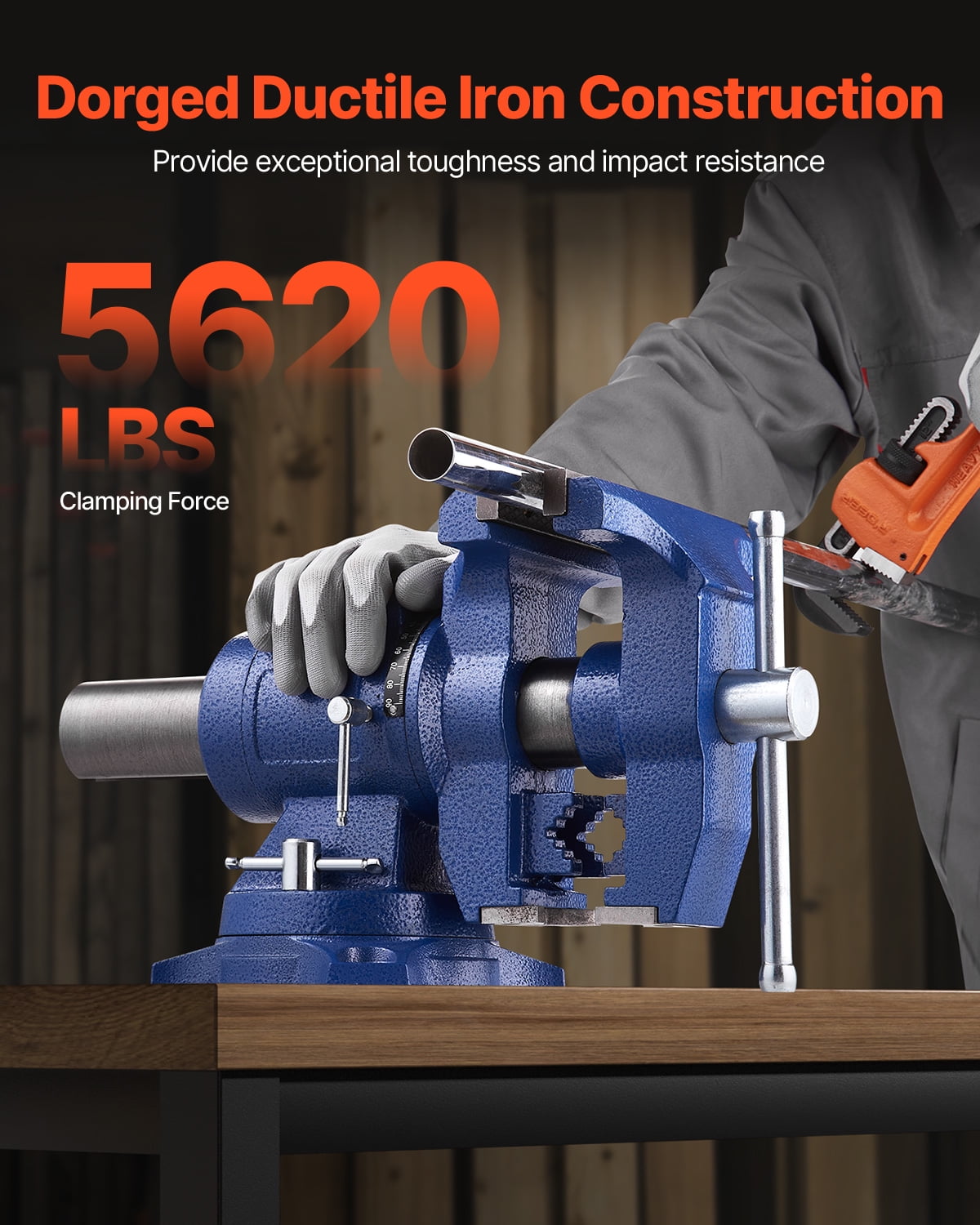 KFFKFF Robust Workbench Clamp, 6-1/2" Clamp Breadth, 5" Maximum Clamp Gap Multi-Functional Malleable Iron Workbench Clamp with Anvil, 360° Rotating Base Head, 3" Neck, 5620 lbs Clamping Power