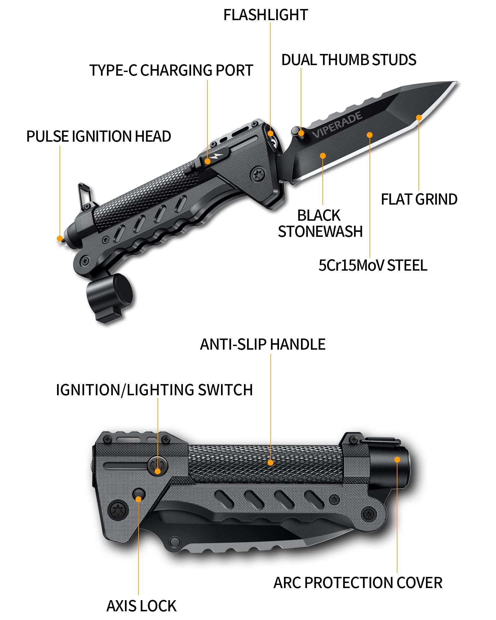 VIPERADE VAK6 Multitool with Folding Knife, LED Flashlight, Pulse Ignition, Pocket Knife for men, Rechargeable Flashlight with Belt Sheath (Green)