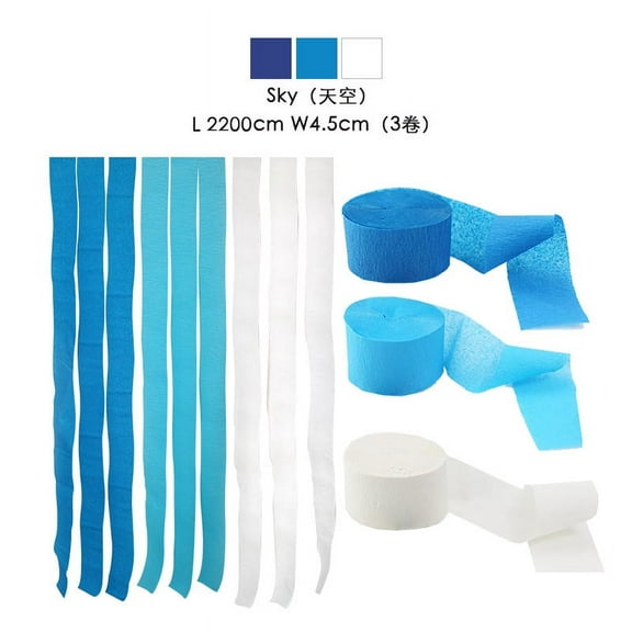 Zhuge Crepe Paper Streamers 3 Rolls , Pack of Light Blue，Blue，White Crepe Paper for Birthday Decorations, Baby Shower Decorations (1.8 Inch x 72 Ft/Roll)