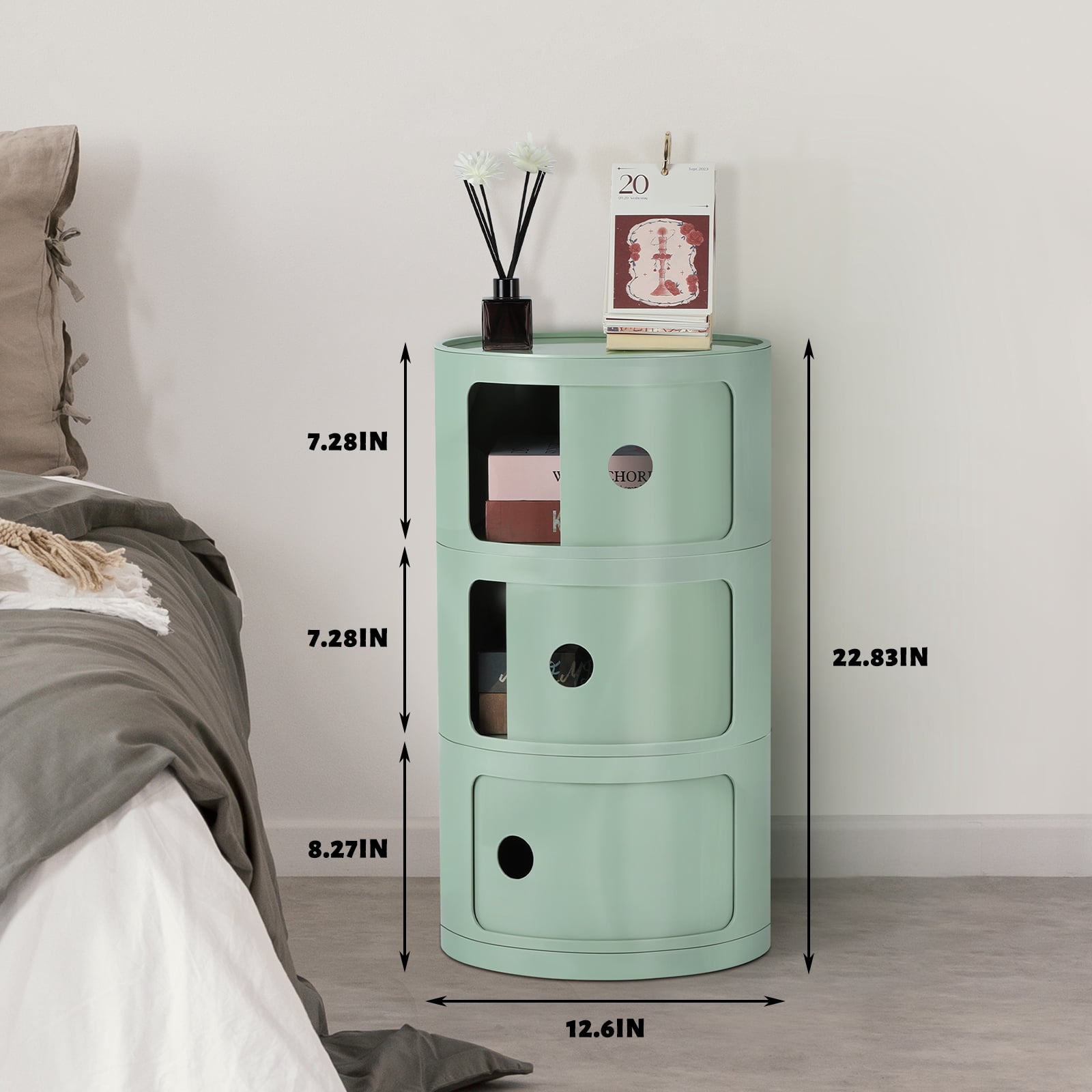 3 Drawer Sliding Barrel Modern Bedroom Nightstand, Matcha Green