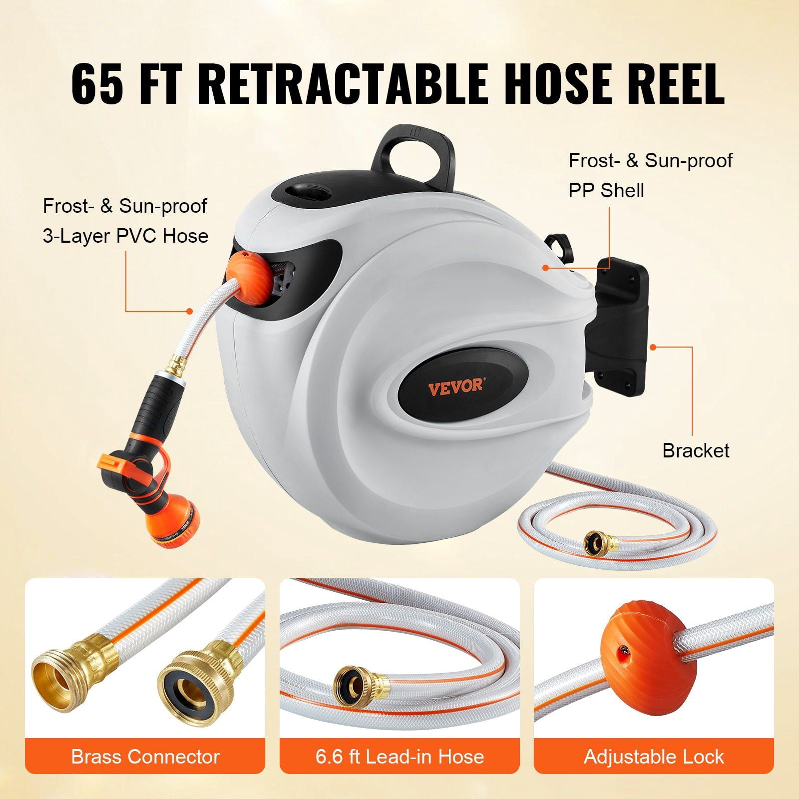 CAFORKP 65ft x 5/8" Wall-Mounted Auto-Rewind Garden Hose Reel