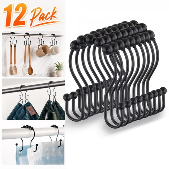 Emlimny Shower Curtain Hooks, 12 Pcs Shower Curtain Rings, Stainless Steel Roller Rust-Resistant Balance Sliding Anti-Drop Double Shower Hooks for Curtain Bathroom Shower Curtains (Black)