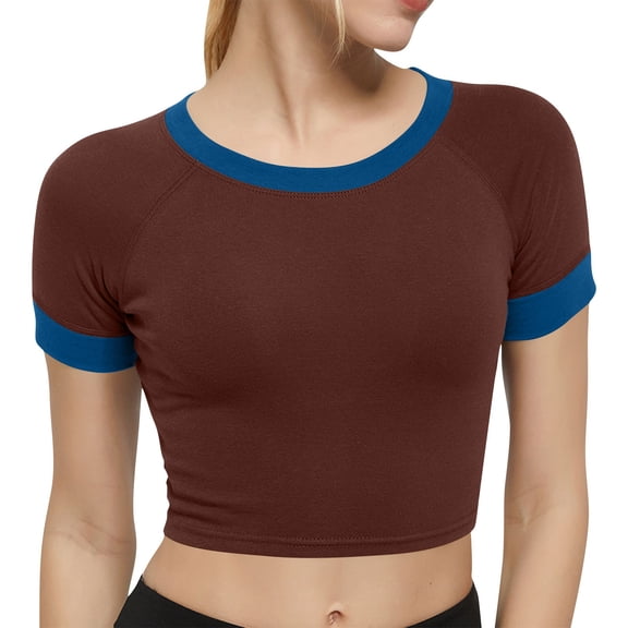 SAWOBUUN Women Contrast Cute Crop Tops Raglan Sleeves Round Neck Slim Fit Summer T Shirts