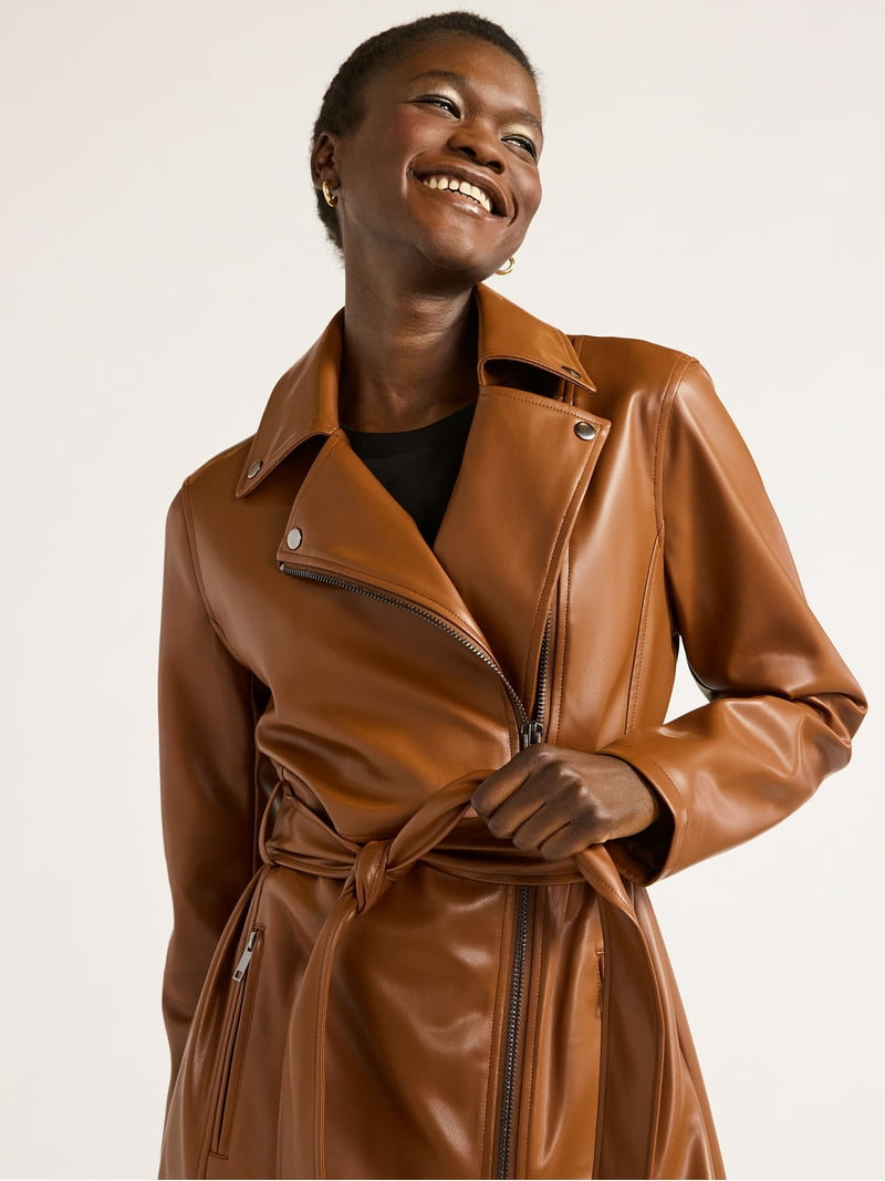 Scoop Women's Faux Leather Moto Trench Coat, Sizes XS-XXL