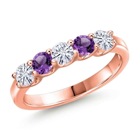 Gem Stone King 18K Rose Gold Plated Silver White Moissanite and Purple Amethyst Wedding-Bands Ring for Women | 0.80 Cttw | Round 3.5MM | Gemstone Birthstone | Size 6