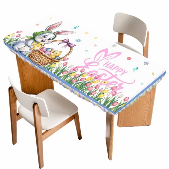 Spring Easter Table Cloths for 5 Foot Rectangle Tables, Watercolor Pink Yellow Bunny Tulip Eggs Plaid Patio Waterproof Elastic Fitted Tablecloths, Washable Rectangular Table Cover for Camping