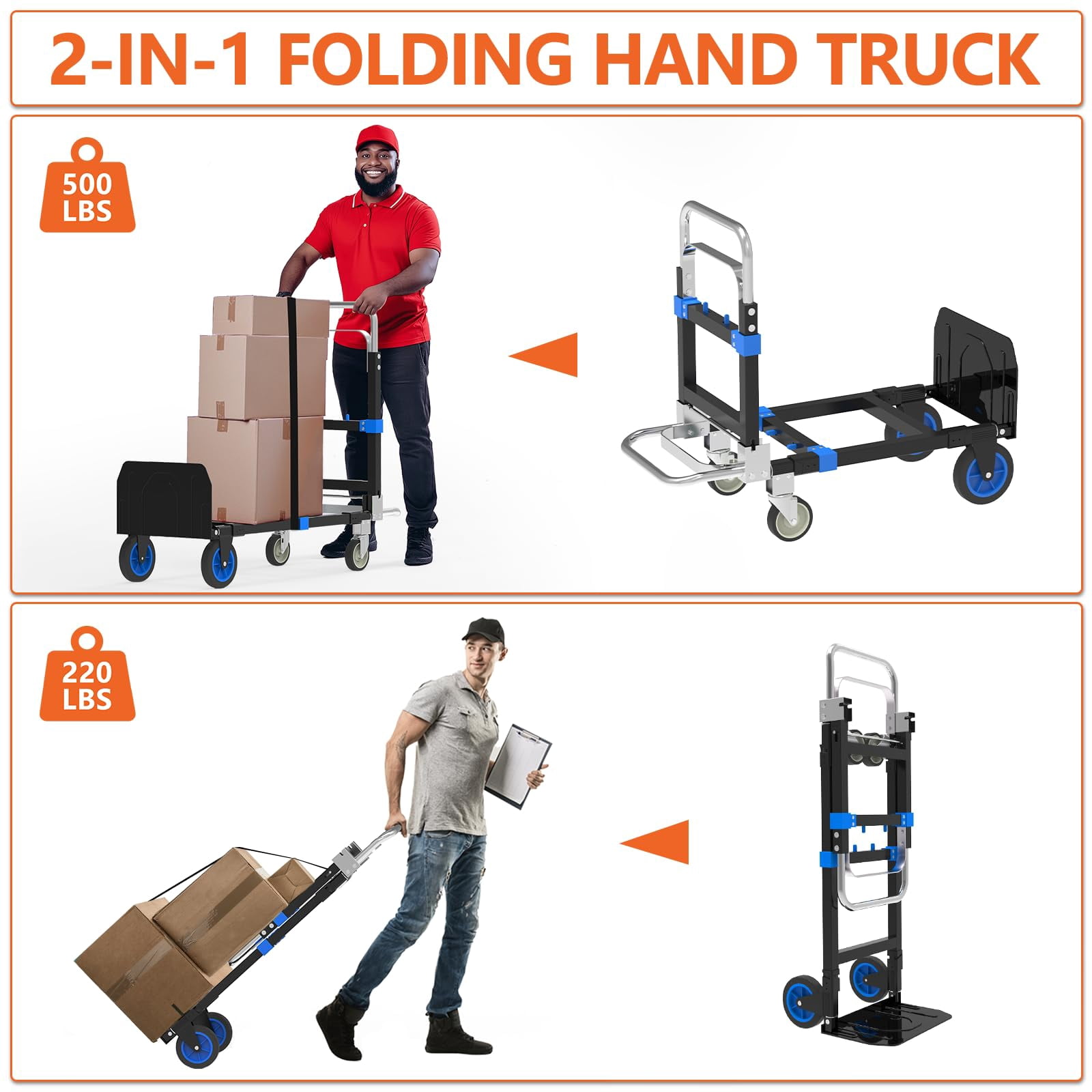 3-in-1 Heavy Duty Folding Dolly, Convertible Hand Truck Portable Steel with Telescopic Handle & Dolly Cart with Rubber Wheels, 580LB Capacity,Blue
