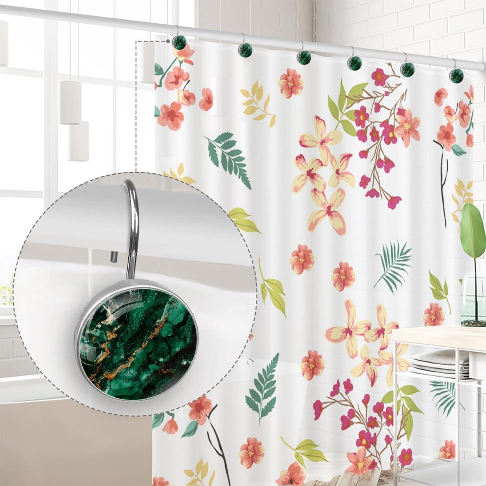HemaKayy 12 Pcs Shower Curtain Hooks Bathroom Decorative Accessories Deep Emerald Marble