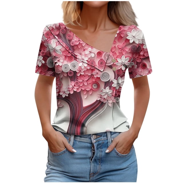 Top de Verano de las Mujeres, Cuello en V Moda Casual de Manga Corta Blusa, Primavera Y Verano Ligero Top