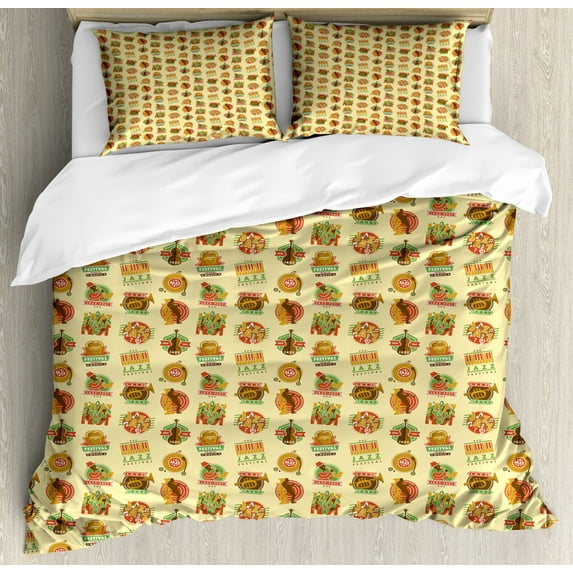 Jazz Music Duvet Cover Set Queen Size, Music Festival Theme with Various Instruments Saxophone Musician Microphone, Decorative 3 Piece Bedding Set with 2 Pillow Shams, Multicolor, by Ambesonne