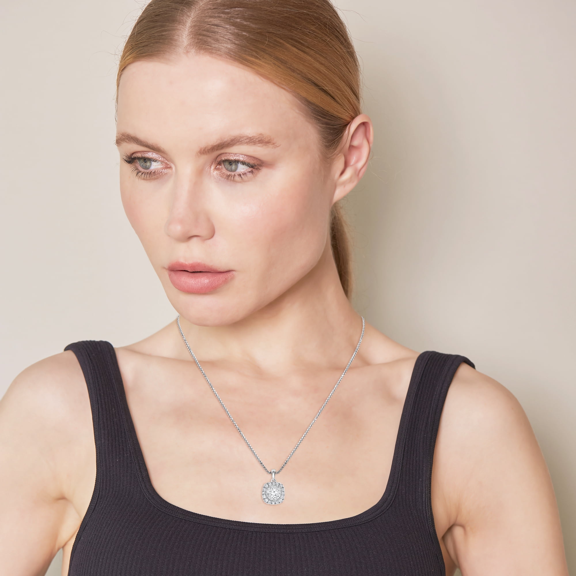 Unique Moments 1.00 ct Lab Grown Diamond Cushion Halo Pendant Necklace in 14K White Gold (G-H, SI1-SI2), 18"