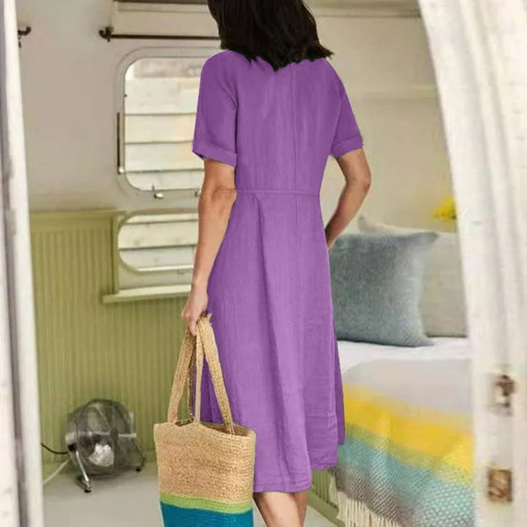 2025 New Women's Summer Solid Color Dress - Loose V-Neck Short Sleeve, Soft Cotton-Linen Blend for All-Day Comfort - Walmart.com 2025 New Women's Summer Solid Color Dress - Loose V-Neck Short Sleeve, Soft Cotton-Linen Blend for All-Day Comfort - Walmart.com