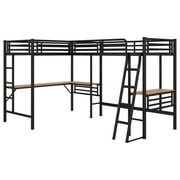 Euroco Metal L-Shaped Twin Size Loft Bed with Two Desk for Kids Teens Bedroom, Black